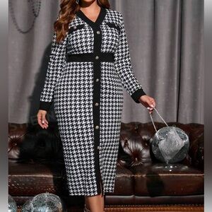Houndstooth Print Button Front Bodycon Dress